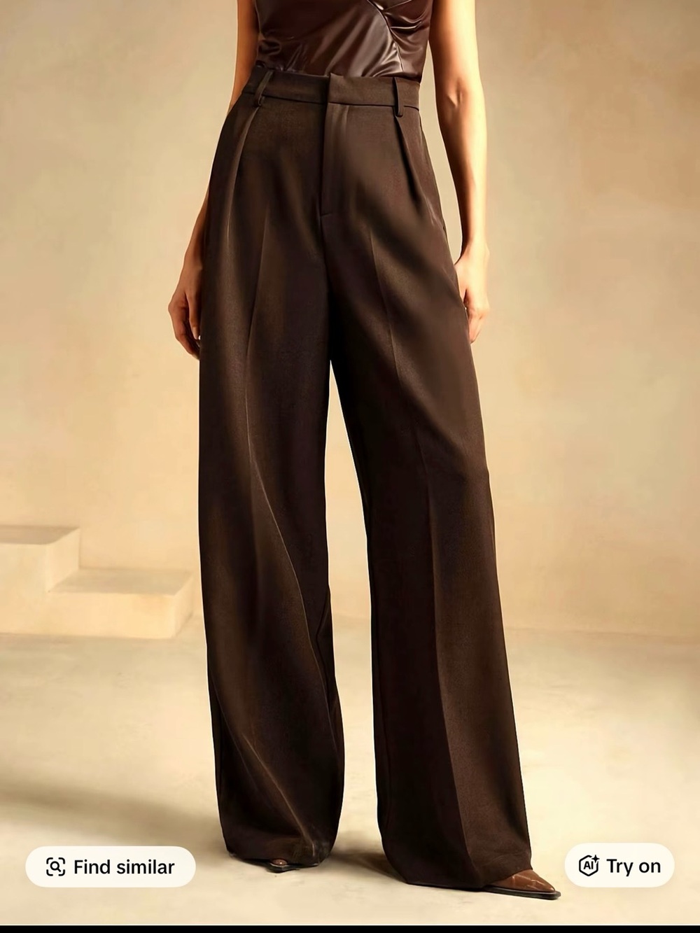 Wide-Leg High-Waist Trousers - Brown